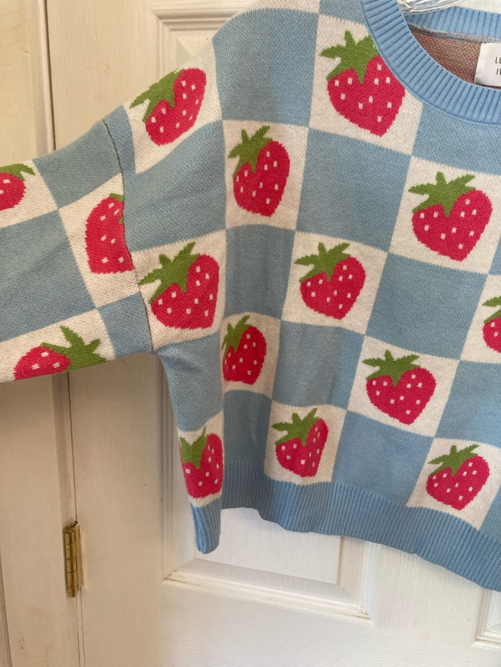 Luna Ivy Blue Strawberry Checker Crewneck Sweater. NWOT - Picture 4 of 7